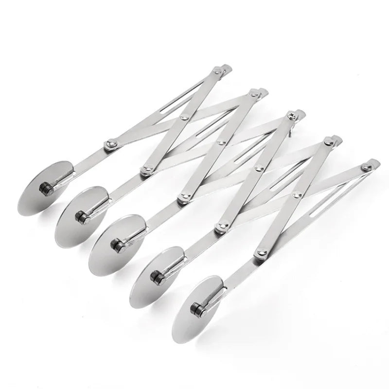 A set of silver multi-function dough cutters with long, thin blades arranged diagonally.