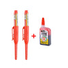 A set of red precision deep hole marker pens with yellow tips and a bottle of liquid glue.