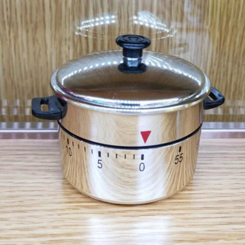 A stainless steel mechanical kitchen cooking timer with a lid and a scale marked from 0 to 55.