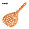 An orange kitchen strainer and skimmer set with a perforated mesh and a handle.