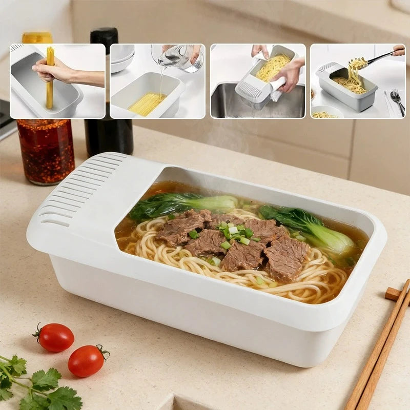 A white electric microwave noodle cooker contains cooked noodles and meat in a serving dish.