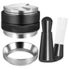 A set of stainless steel espresso tamper and dosing kit components including a top, base, and ring.