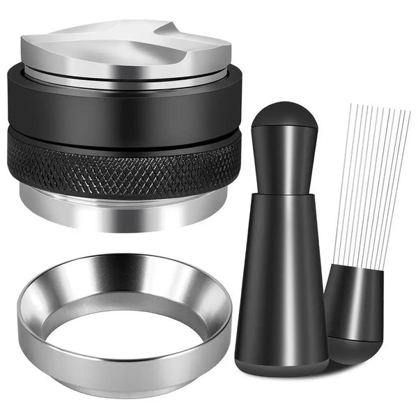 Set aus Edelstahl zum Espresso-Tamper und Dosierkit, bestehend aus Deckel, Basis und Ring.
