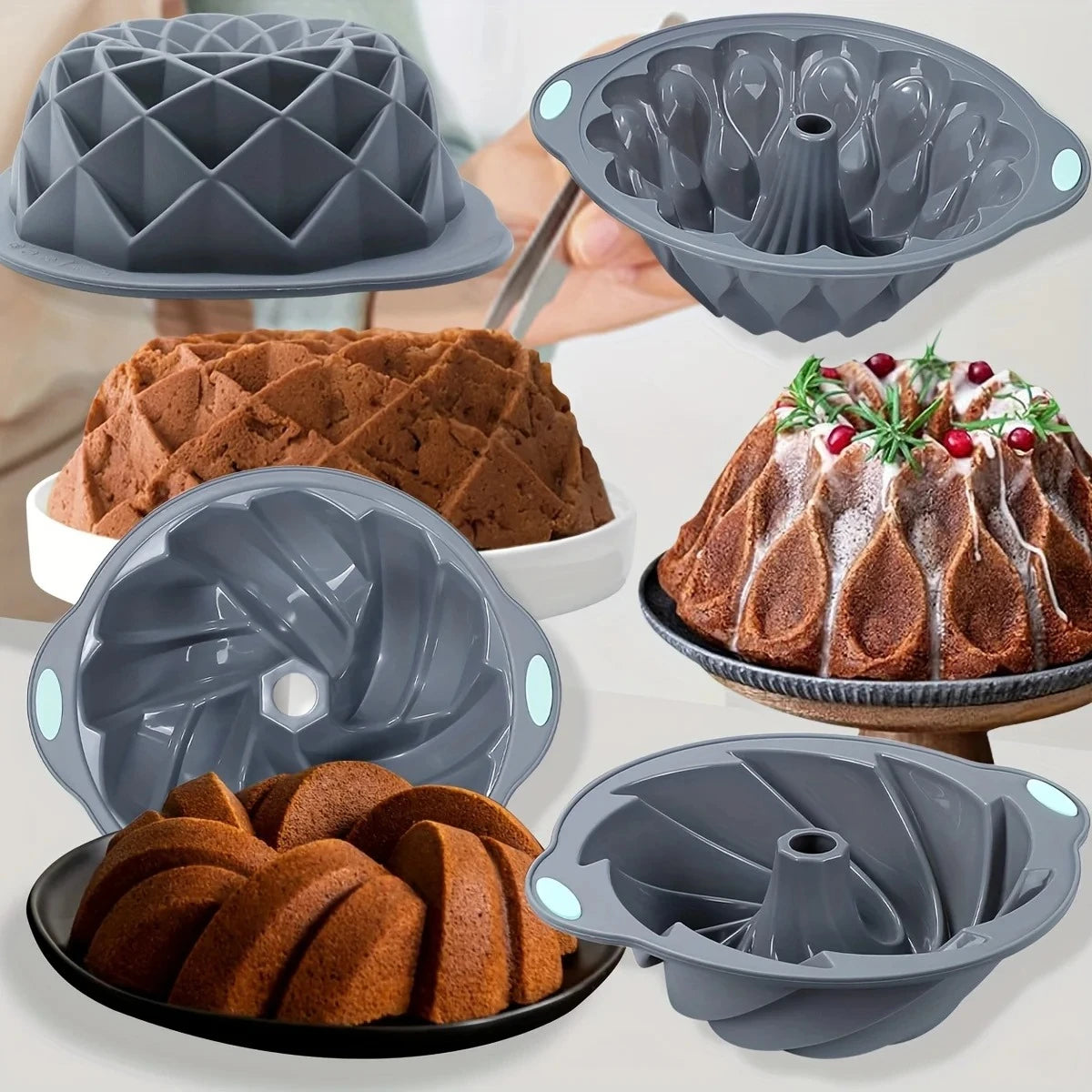 A silicone baking set showing various molds for cakes and muffins in gray and brown colors.