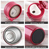 A set of red double-walled stainless steel thermal travel mugs showing the filter, mouth, liner, and non-slip bottom.
