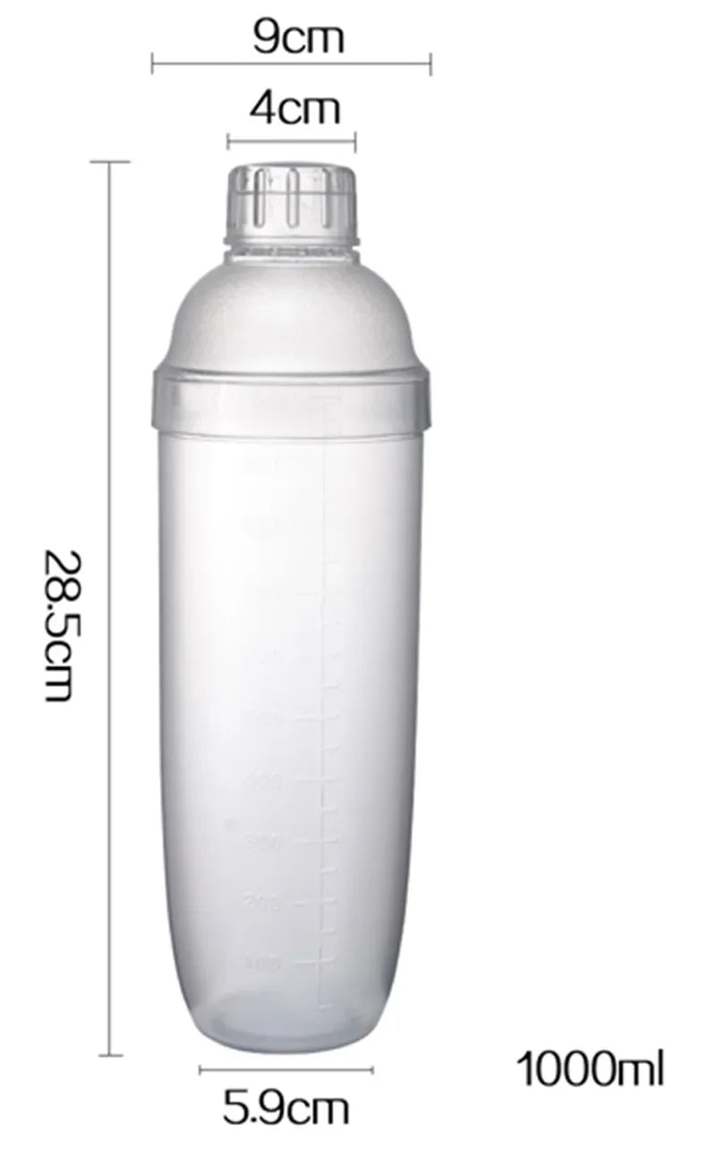 A clear plastic cocktail shaker bottle with a 9cm opening and a 1000ml capacity.