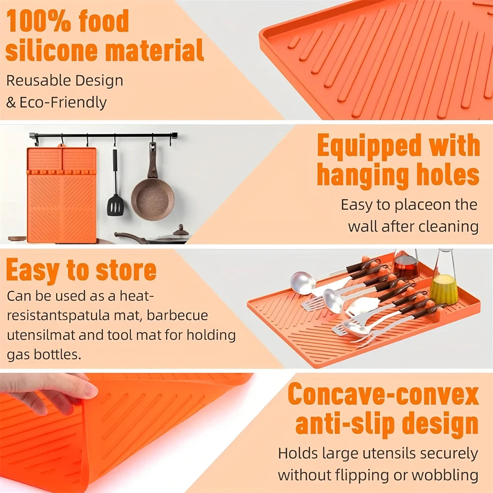 Orange silicone grill mat and drip pad set with hanging holes and concave-convex anti-slip design