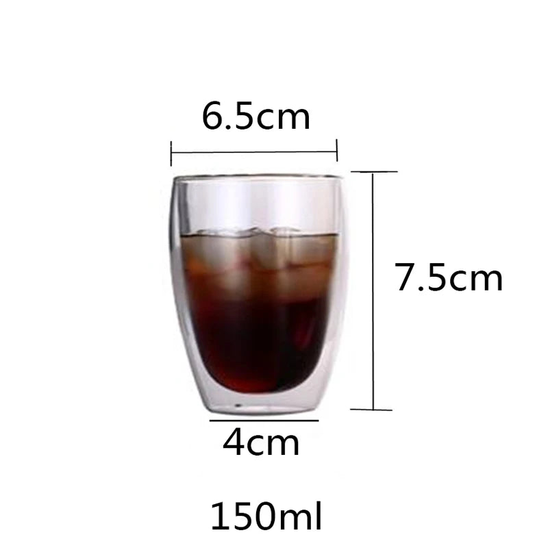 A clear double-wall glass drinking cup with a 6.5cm height and a 150ml capacity.