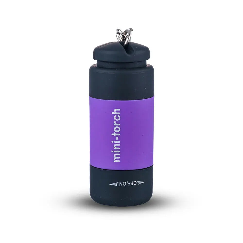 A small, black and purple mini-torch flashlight with a metal keychain clip.