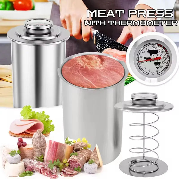 Edelstahlfleischpresse mit Thermometer, die verschiedene Fleischstücke anzeigt.