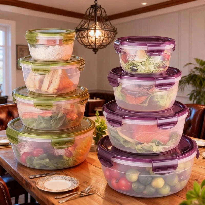 A stack of purple and green airtight food storage containers on a wooden table.