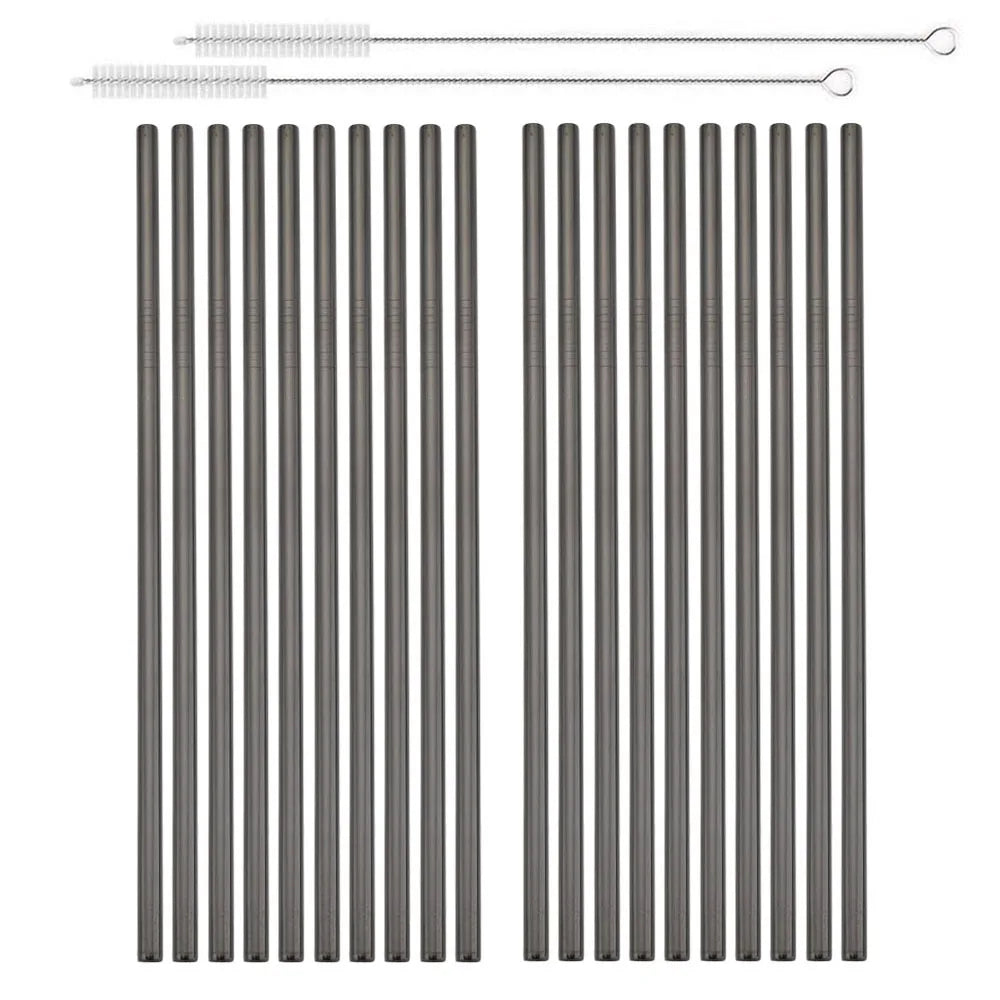 A set of reusable metal drinking straws made of stainless steel, arranged vertically.