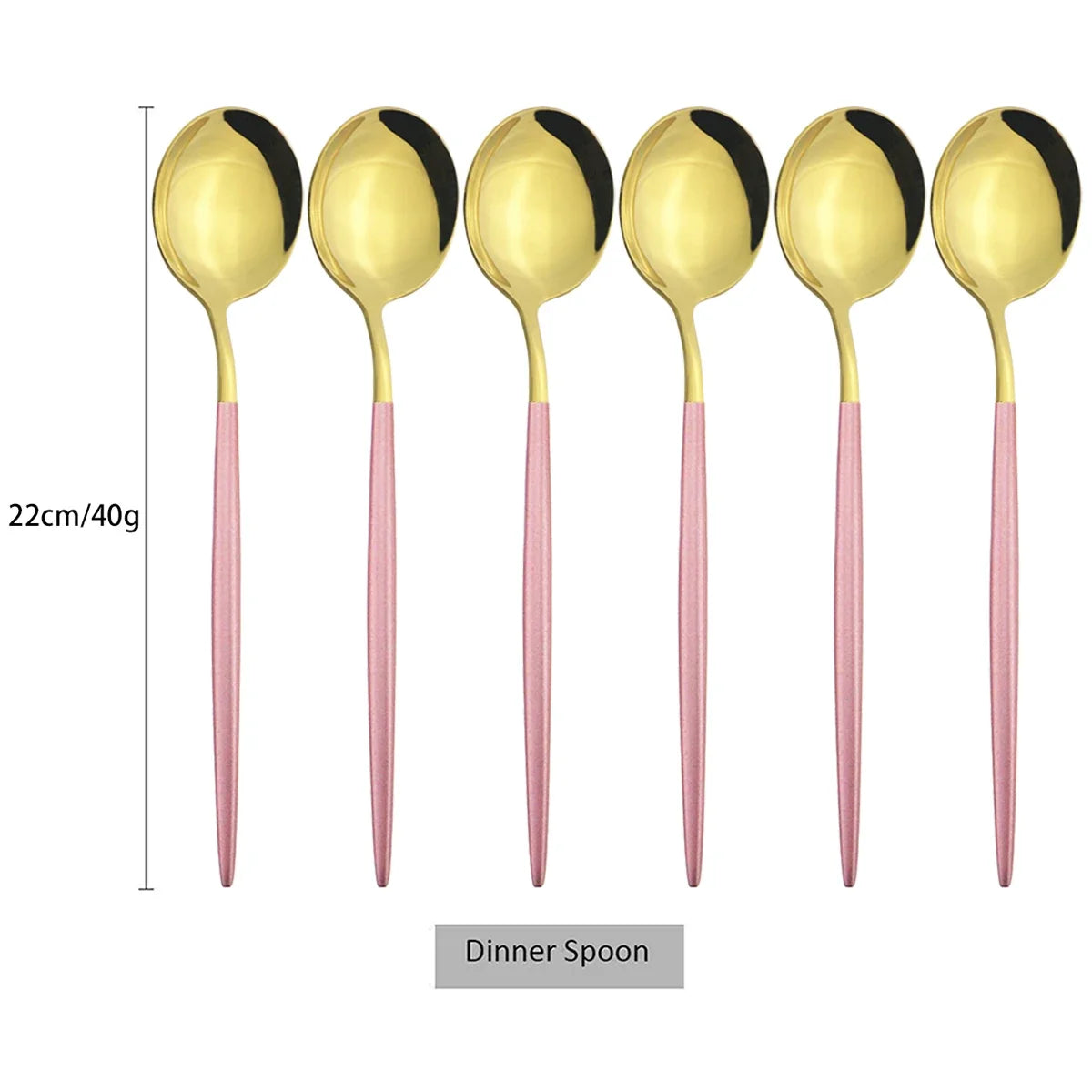 A set of five dinner spoons with gold bowls and pink handles shown against a white background.