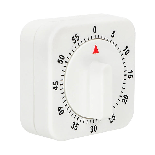 Weißes quadratisches mechanisches Küchen-Timer mit roter Zeiger-Einstellung.