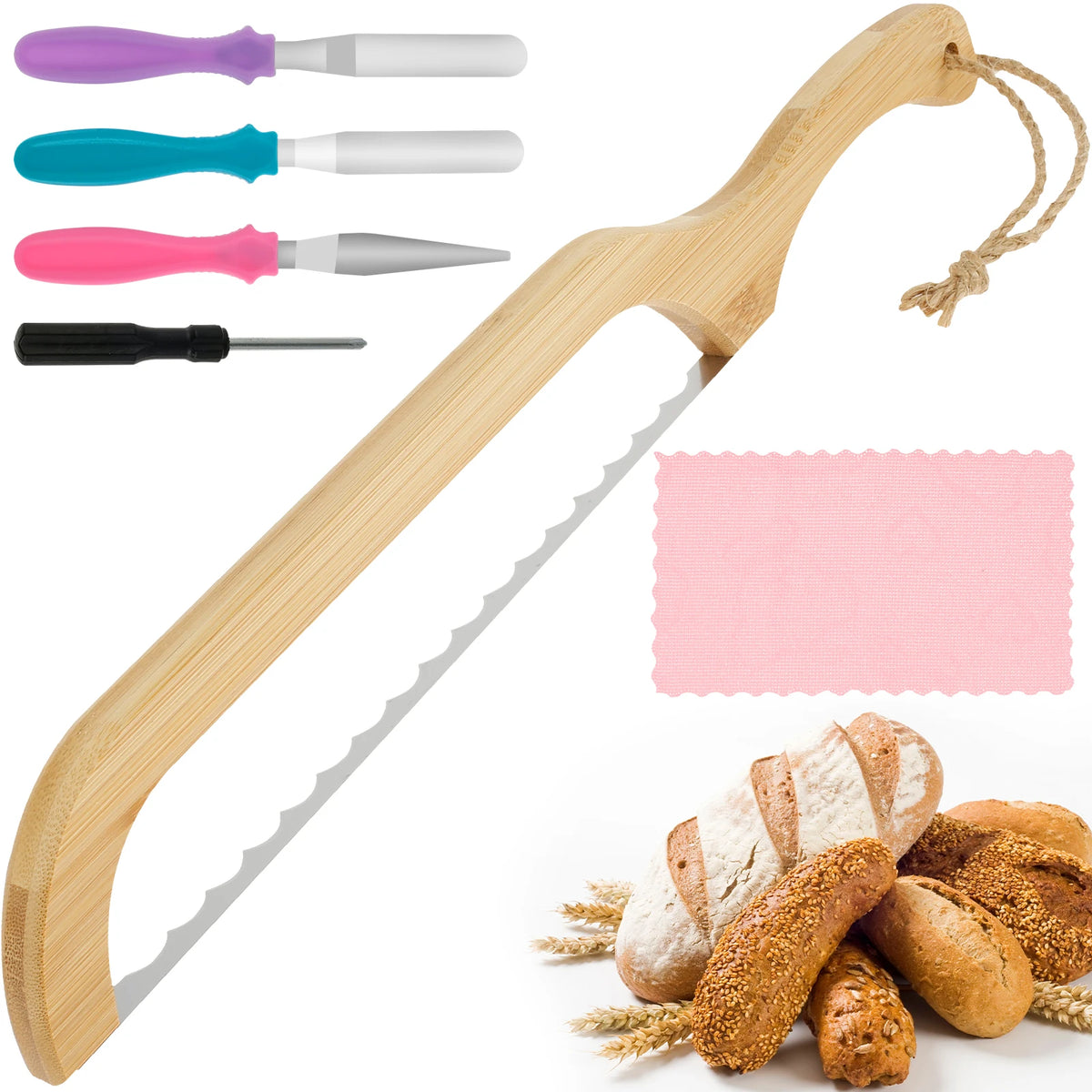 A wooden bread bow cutter with various colored blades and a pink tag, next to baked bread.