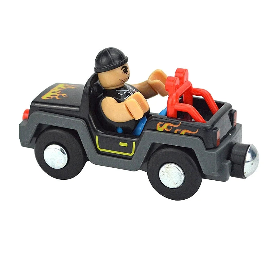 A wooden magnetic train car set featuring a driver figure and an open cargo area.