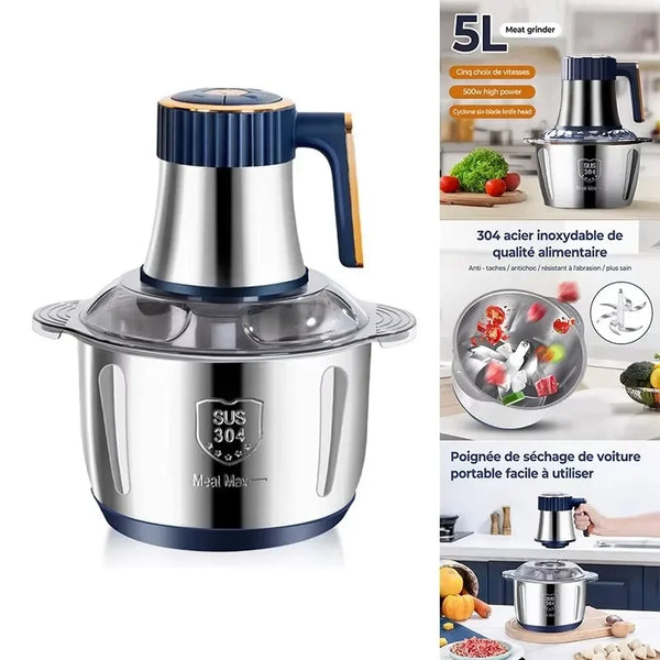 A silver and blue 5L stainless steel electric meat grinder and food chopper appliance.