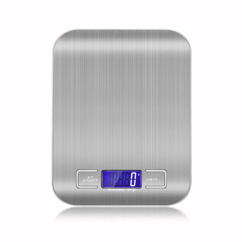 A silver digital kitchen scale with a rectangular design showing a weight of 0.000 grams.