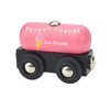 Pink wooden ice cream train car with decorative bunting and metal wheels