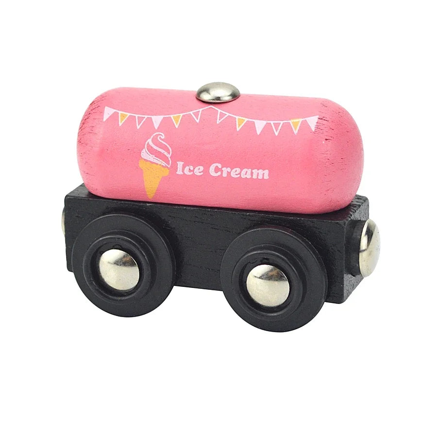 Pink wooden ice cream train car with decorative bunting and metal wheels
