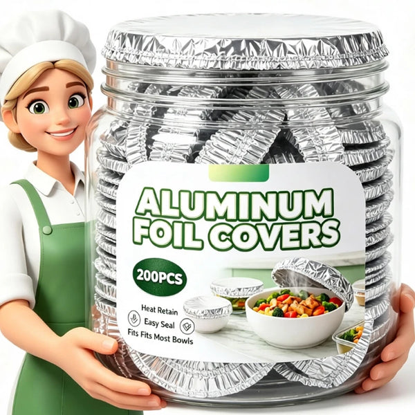 A woman holds a glass jar filled with aluminum foil covers for food, labeled as 200 pieces.