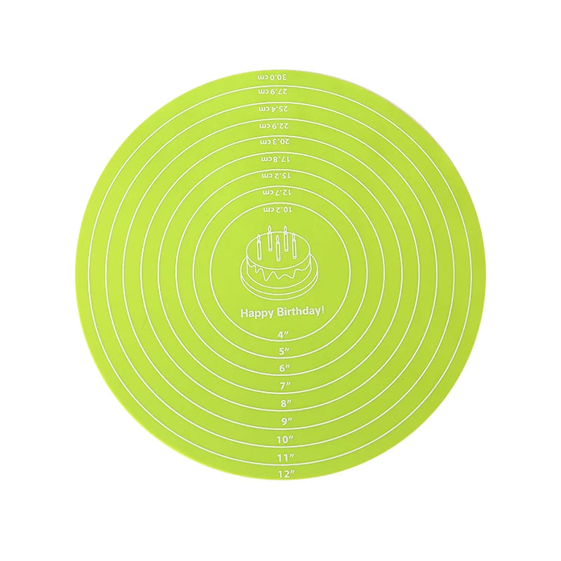 A lime green silicone cake turntable baking mat with concentric measurement lines marked in inches.