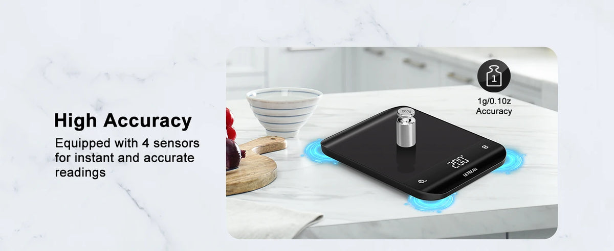 A black digital kitchen scale is shown on a white marble countertop with a measuring cup and a piece of wood.