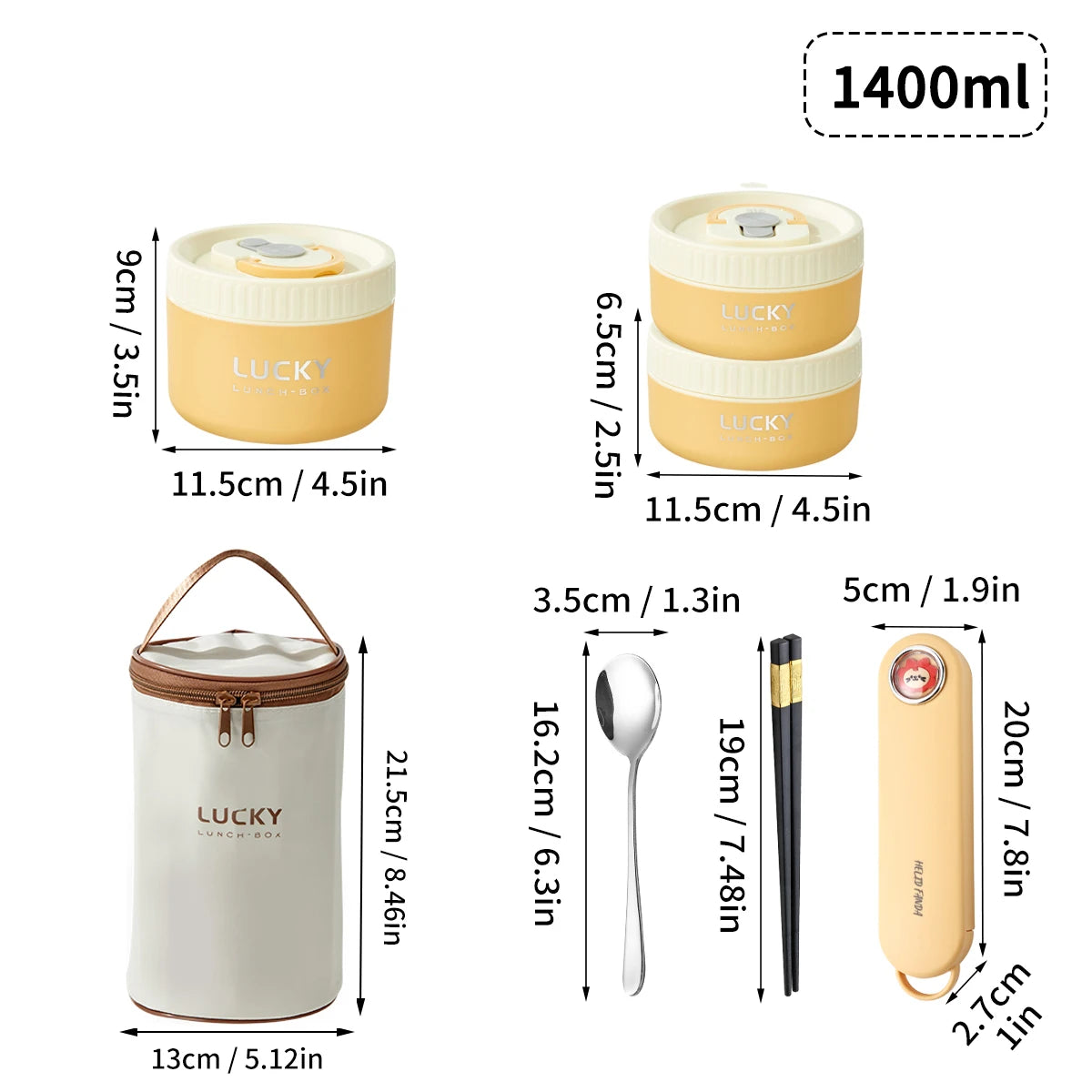 A set of four stackable thermal lunch boxes in light beige and white, with accompanying spoons and a 1400ml capacity.