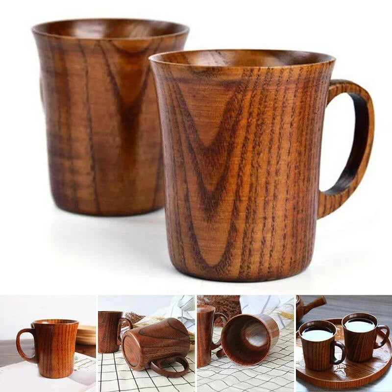 A set of handmade wooden drinking cups in various shades and finishes shown on a white background.