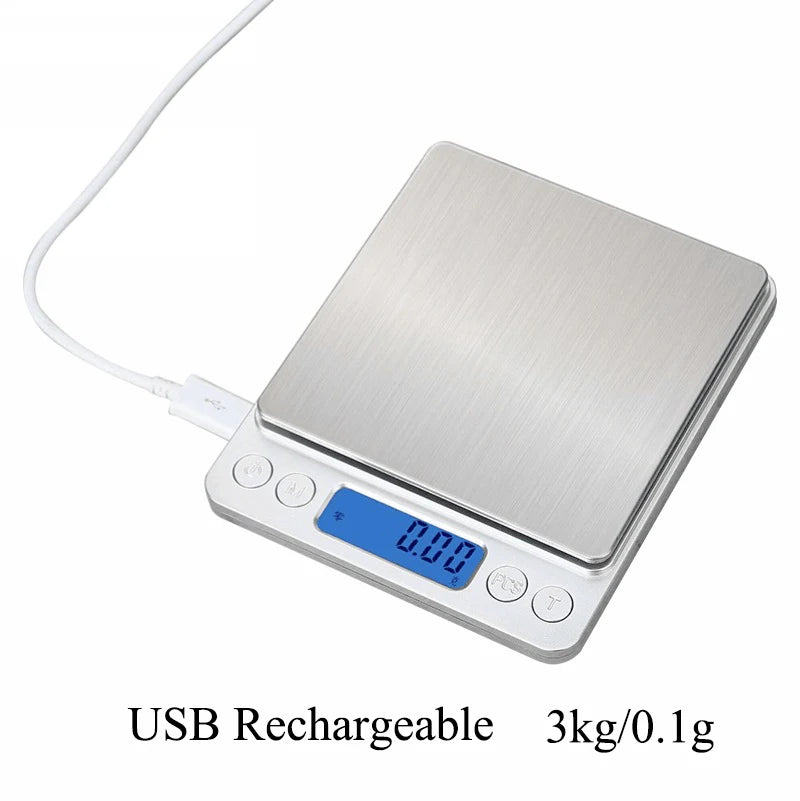 Silver USB rechargeable digital kitchen scale displaying 0.00 grams