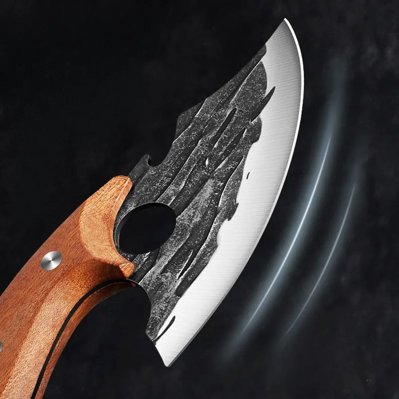 A hand-forged boning kitchen knife with a silver blade and a wooden handle is shown against a dark background.