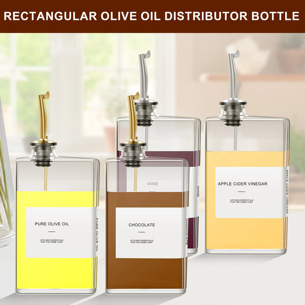 A set of rectangular glass oil and vinegar distributor bottles with labels and funnels for pure olive oil, chocolate, and app