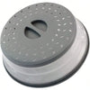 A gray silicone splatter guard with multiple holes and a white base, designed for microwave use.