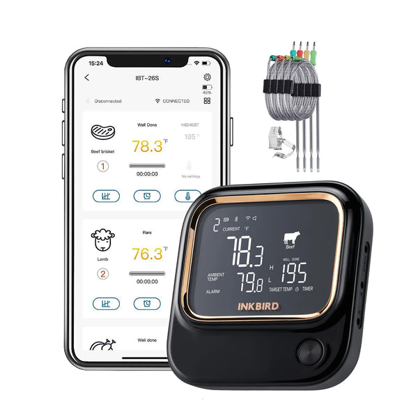 Ein schwarzes Inkbird Fleischthermometer neben einem Smartphone mit Temperaturmessungen und Einstellungen.