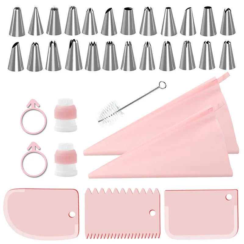 A set of 34 cake decorating piping tips, including bags and scrapers, in pink and silver colors.
