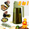Bouteille pulvérisatrice d'huile verte 2-en-1 avec des ingrédients de cuisine et des herbes.