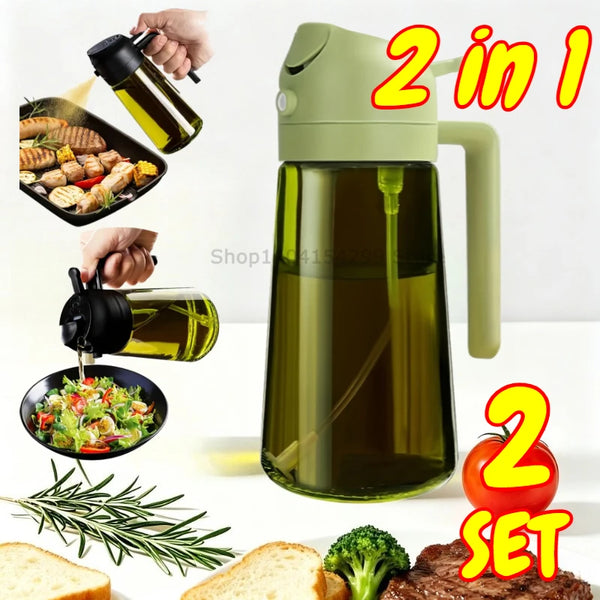 Grüne 2-in-1 Multifunktionssprayflasche mit verschiedenen Kochzutaten und Kräutern.