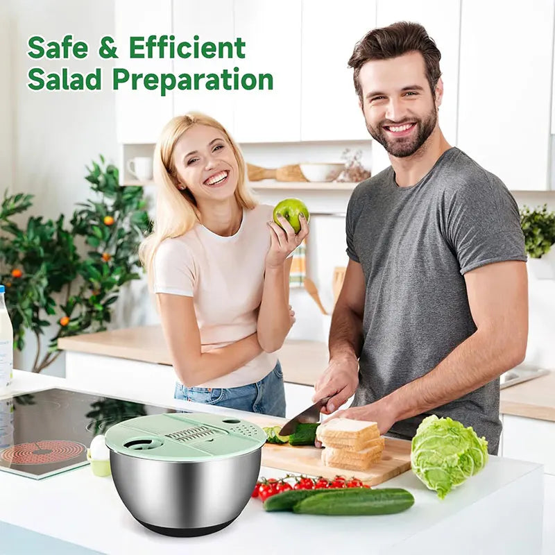 A man and a woman preparing salad using a multi-functional stainless steel salad spinner and vegetable slicer.