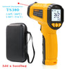 Yellow infrared thermometer TS380 with a black carrying case and a digital display showing 34.3°C