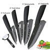 A set of three black ceramic knives, including a 3 inch fruit parer, 4 inch fruit slicer, and 5 inch slicing knife, displayed