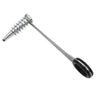 A silver portable spiral vegetable slicer tool with a threaded end and a long, thin blade.