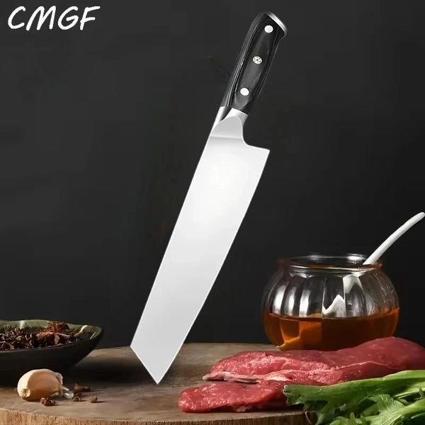 A professional stainless steel chef knife with an ergonomic handle is shown next to raw meat and vegetables.