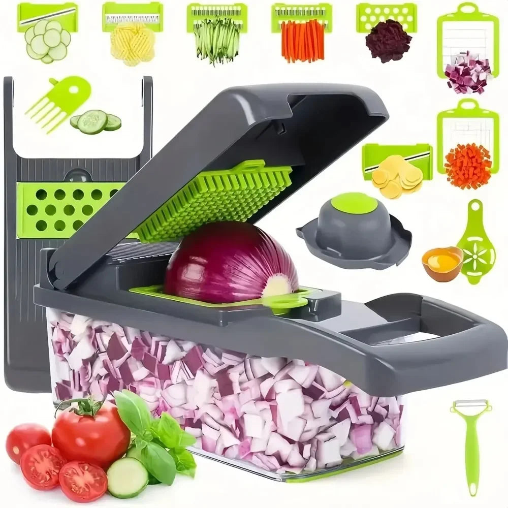 A multifunctional vegetable chopper and slicer shows various cutting tools and pre-cut vegetables like onions, tomatoes, and 