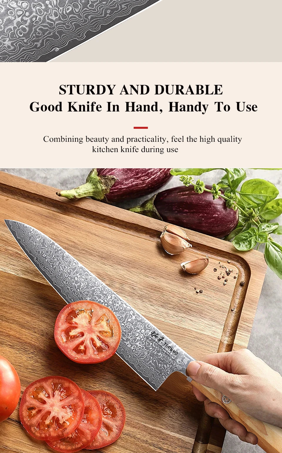A hand is shown using a sturdy Damascus steel Japanese kitchen knife on a wooden cutting board with fresh tomatoes and herbs.