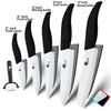A collection of ceramic knives including 3, 4, 5, and 6 inch fruit slicers and bread knives shown in various angles.