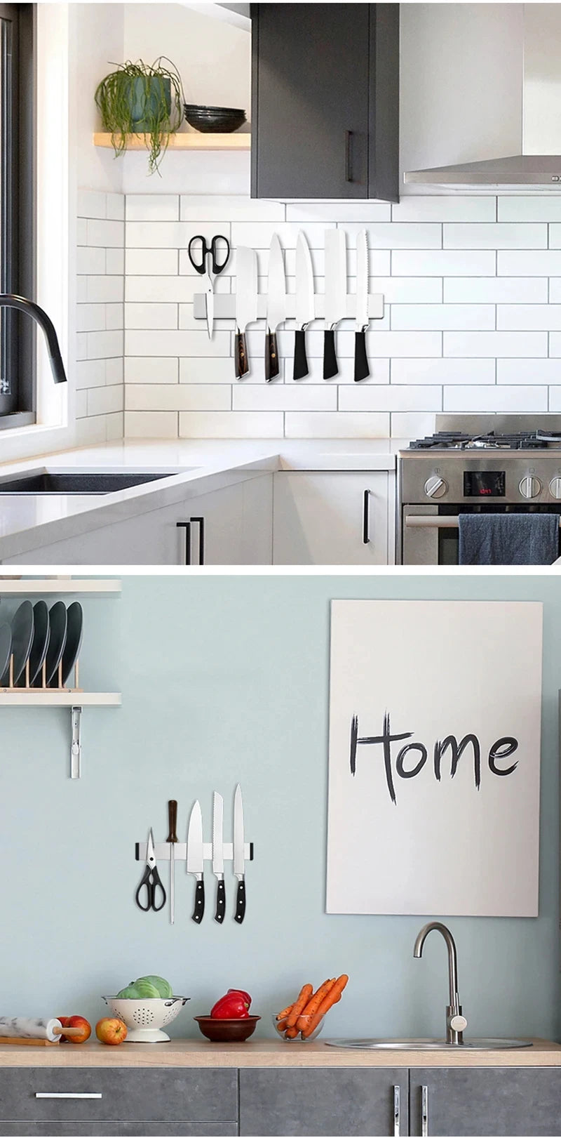 A stainless steel magnetic knife holder rack mounted on a white subway tile backsplash in a modern kitchen.