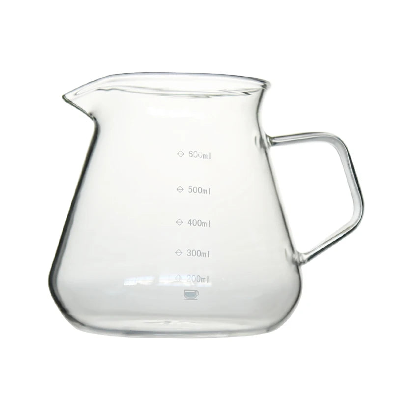 Clear glass pour over coffee pot with volume markings for brewing