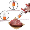 A diagram showing the steps to use a multi-function meat and poultry injector kit for injecting sauce into meat.