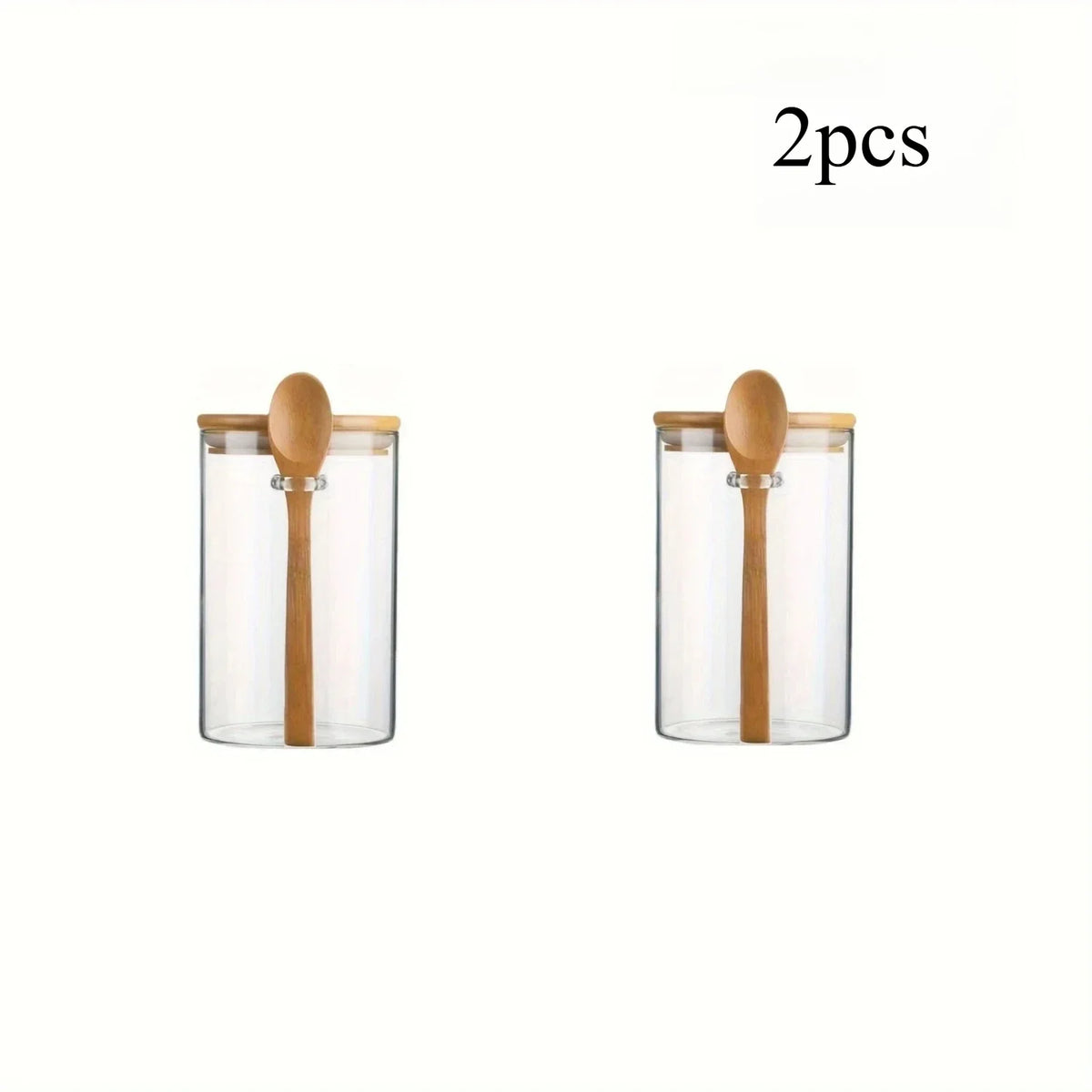 Two clear glass storage jars with bamboo lids shown side by side.