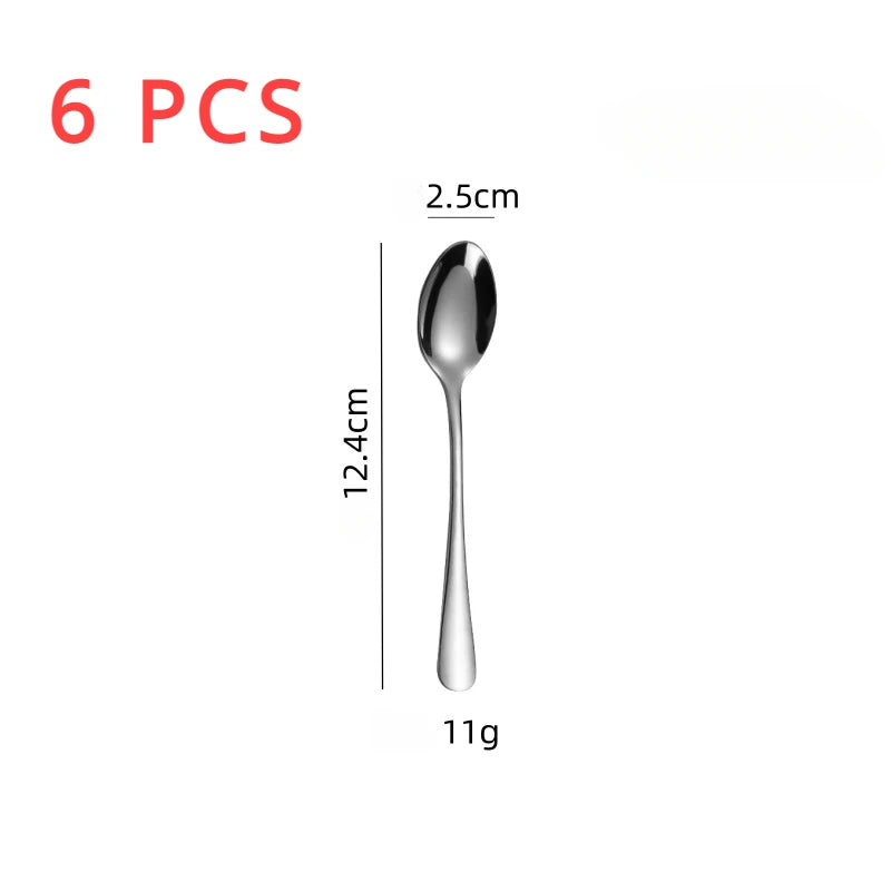 A set of six stainless steel espresso spoons with a 2.5cm length and 11g weight.